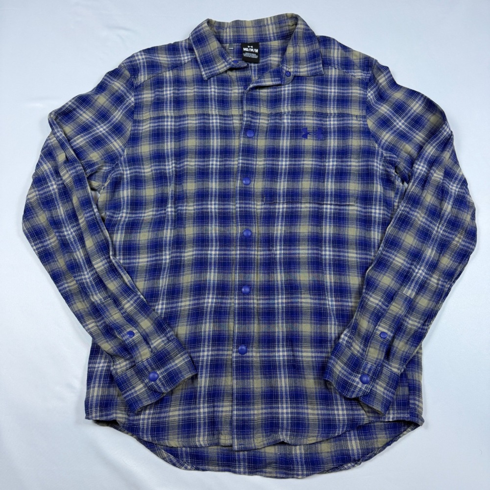 Under Armour Flannel Shirt Mens Medium Blue Plaid Snap Button Stretch Gusset‎